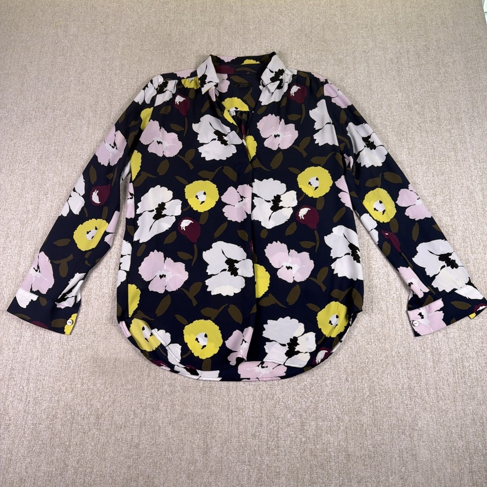 Ann Taylor Blouse Women XS Blue Yellow Floralโ V-Neck Long Sleeve Pullover